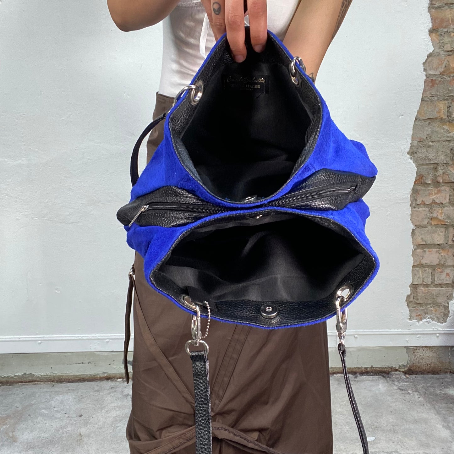 Vintage 2000's Funky Electric Blue Suede Shoulder Bag with Black Leather Straps