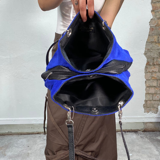 Vintage 2000's Funky Electric Blue Suede Shoulder Bag with Black Leather Straps