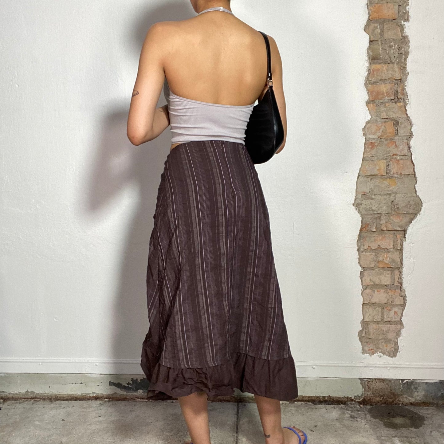 Vintage 2000's Downtown Girl Brown Maxi Dress with Purple Pinstripes and Scrunch Detail (S)