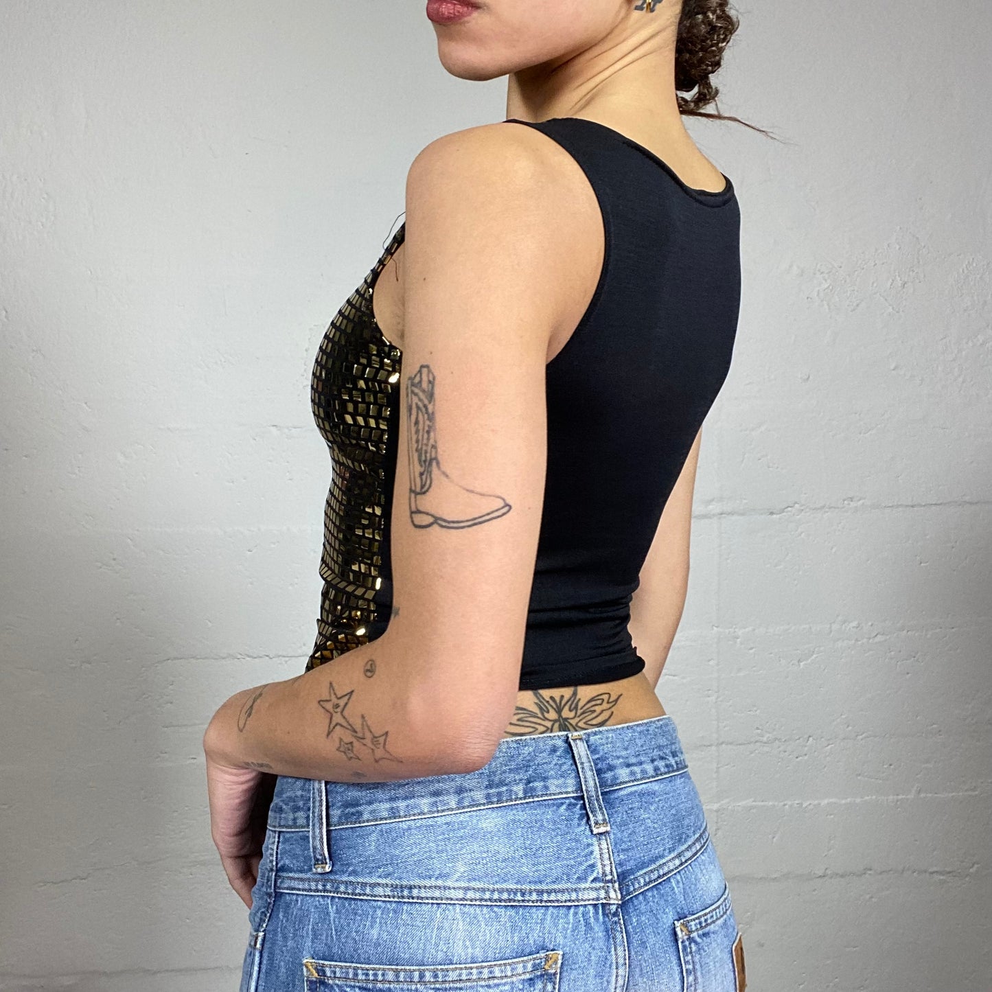 Vintage 2000's Clubwear Black Top with Golden Studs Covering Detail (S)