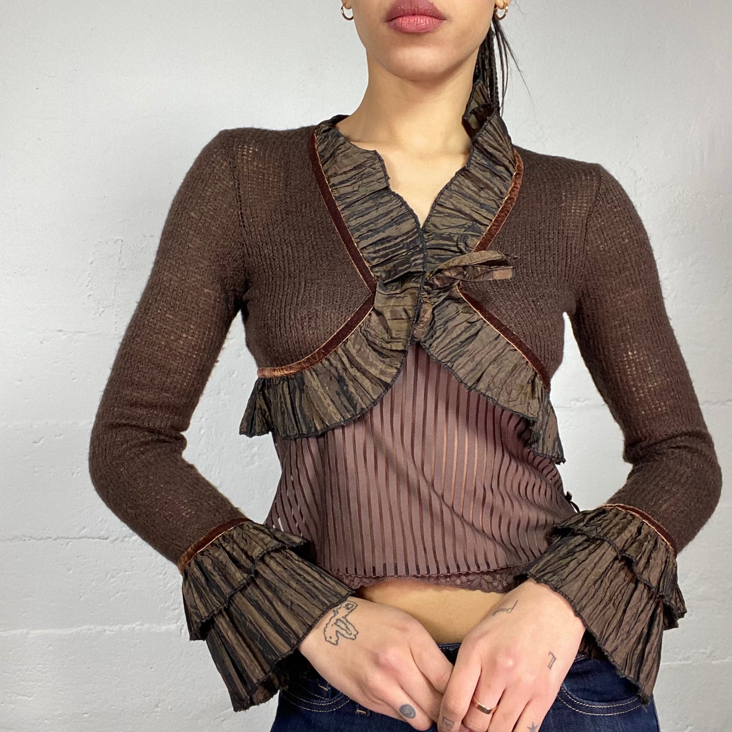 Vintage 90's Downtown Girl Brown Knitted Bolero with Frilled Blouse Detail (S)