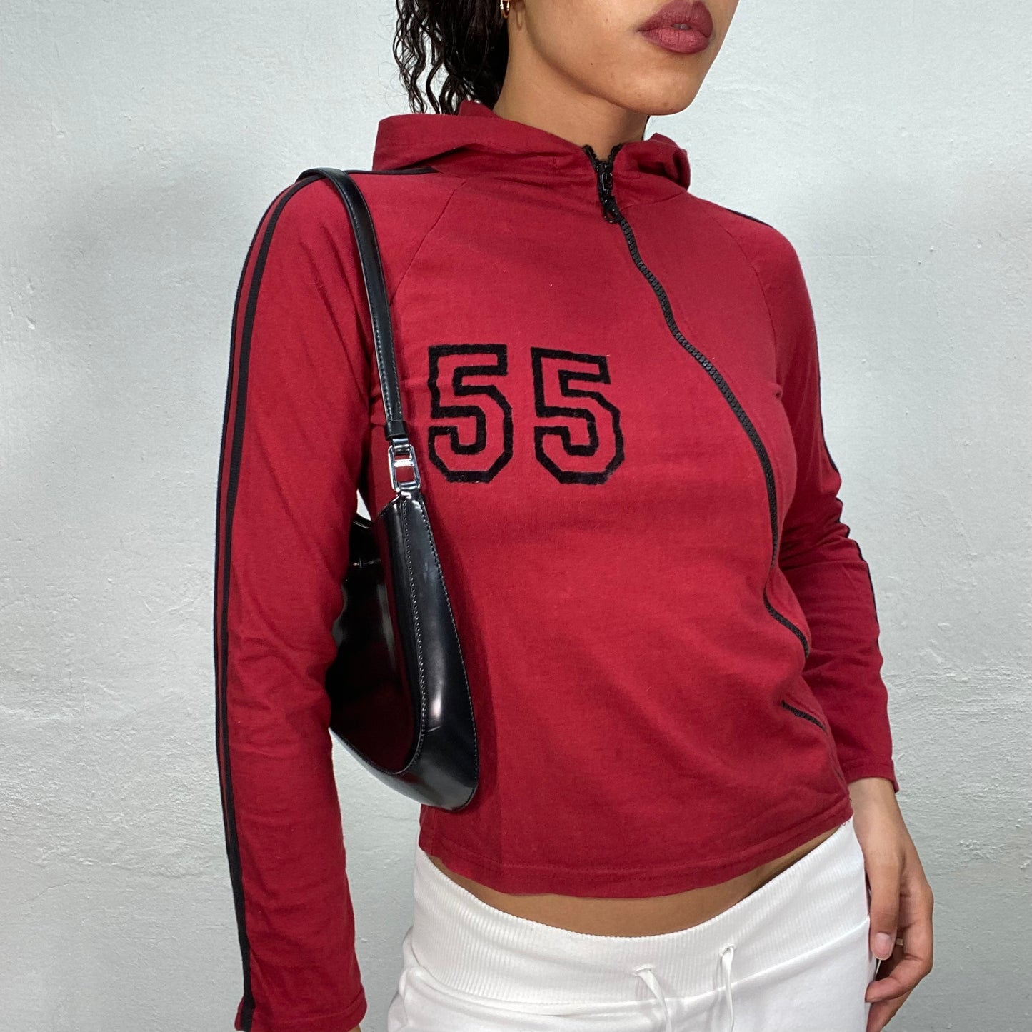 Vintage 2000's Sporty Red Diagonal Zip Up Sweater with Black "55" Print (S/M)