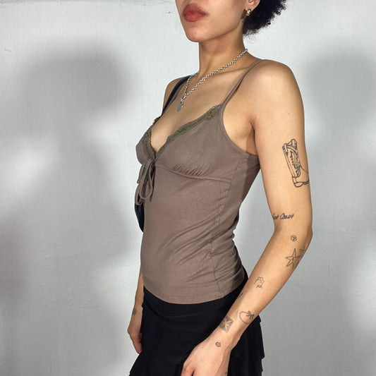 Vintage 90's Earth Fairy Brown Cami Top with Lace Trim (S/M)