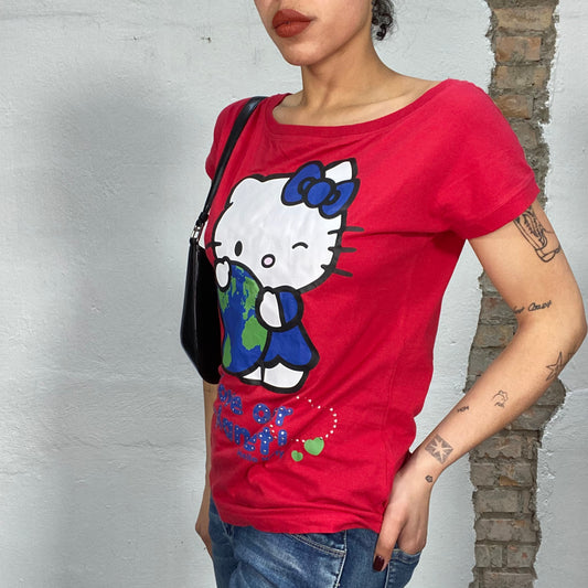 Vintage 2000's Hello Kitty Red Shirt with 'Love our Planet' Print (M)