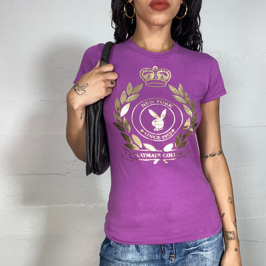 Vintage 2000's Playboy Downtown Girl Purple Top with Gold Logo & Laurel WreathPrint (S/M)