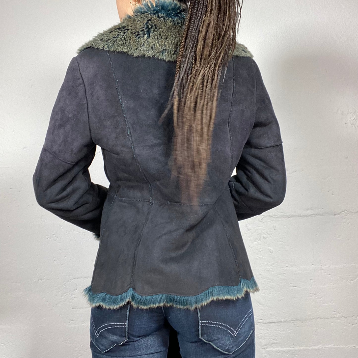 Vintage 2000's Downtown Girl Blue Short Coat with Faux Fur Trims (S)