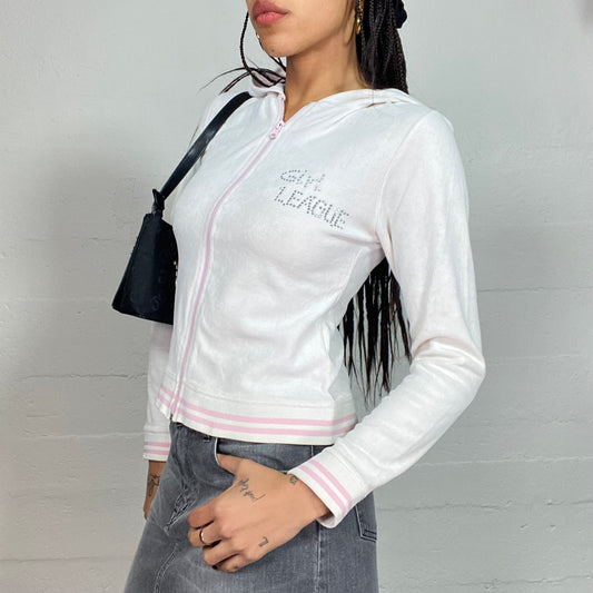 Vintage 2000's Soft Girl White Zip Up Tracking Jacket with Pink Trim and Strass "Girl League" Detail (S/M)