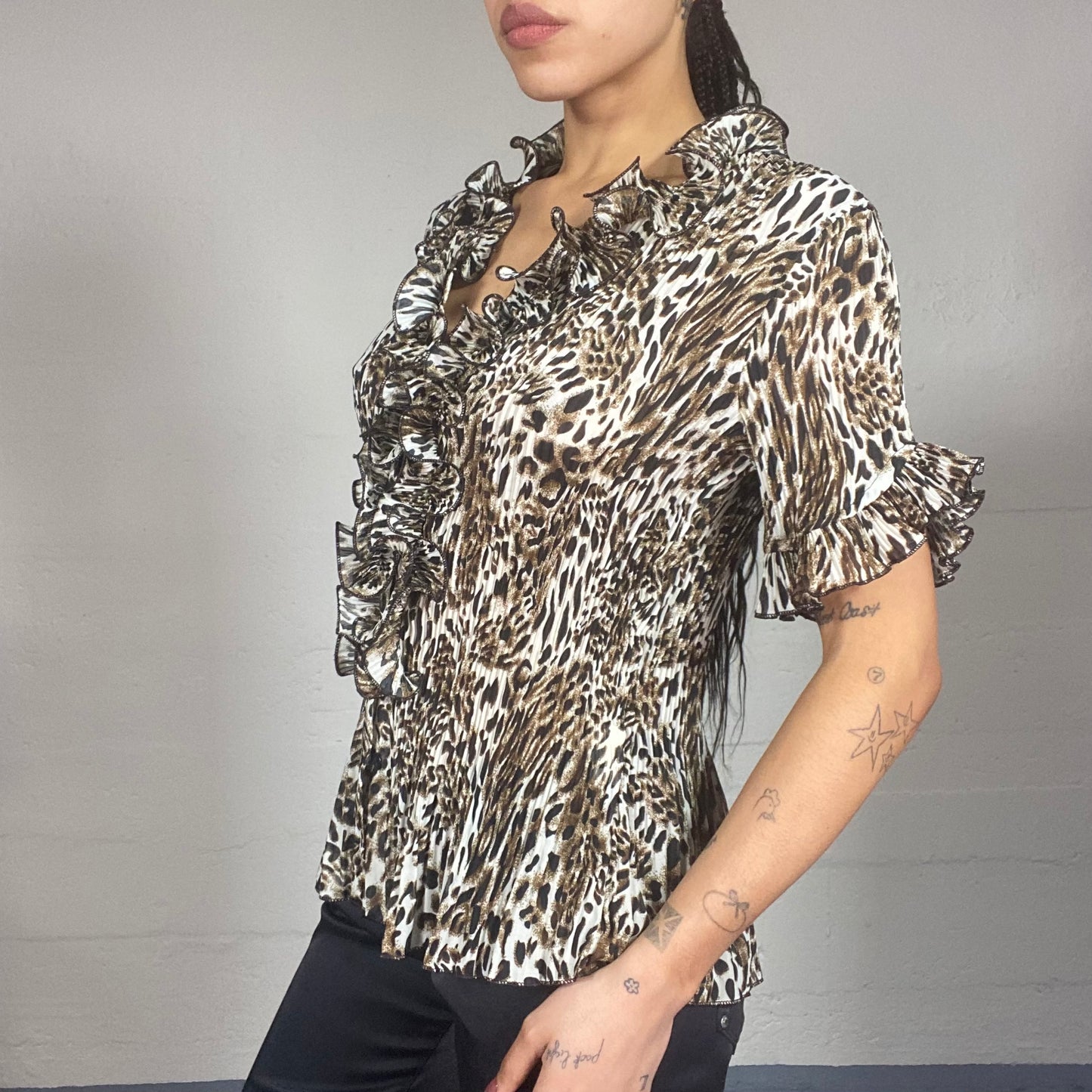 Vintage 90's The Nanny Brown Button Up Top with Cheetah Print and Frilled Collar Detail (M)