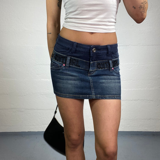 Vintage 2000's Rave Girl Dark Denim Mini Skirt with Double Part Layer Detail (S/M)