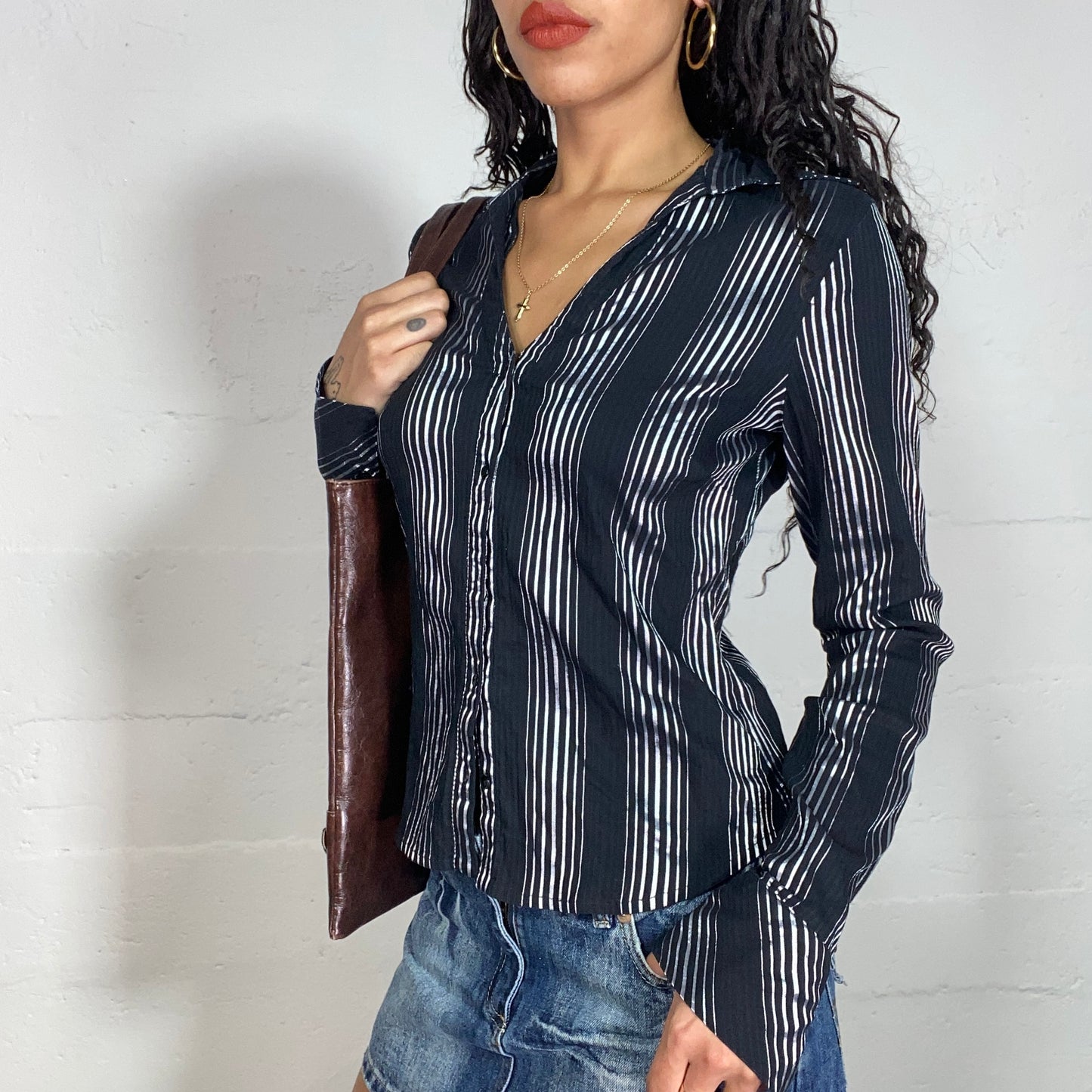 Vintage 2000's Office Girl Black Button Up Shirt with Grey Striped Print (S/M)
