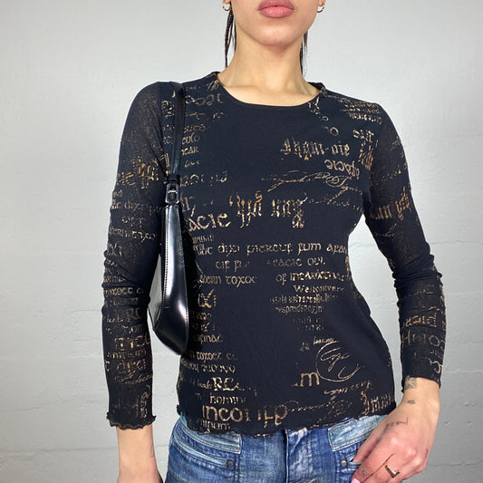 Vintage 2000's Cyber Black Longsleeve Top with Gold Typography Print (M)