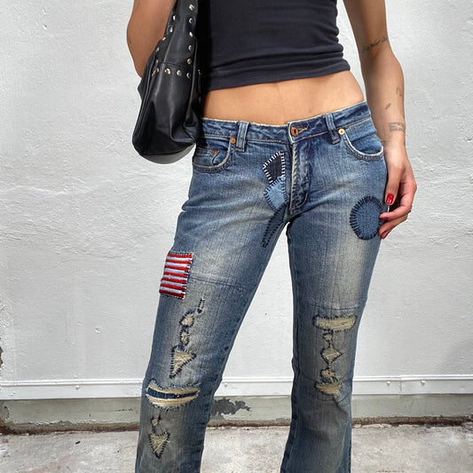 Vintage 2000's Funky Flared Jeans with Patches and Raw Bottom Hem (S)