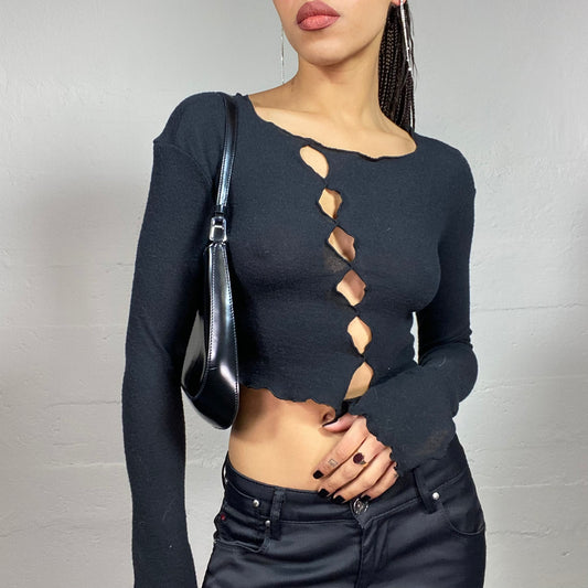 Vintage 90's Whimsigoth Black Longsleeve Cropped Top with Asymmetrical Cut Line Detail (XS)