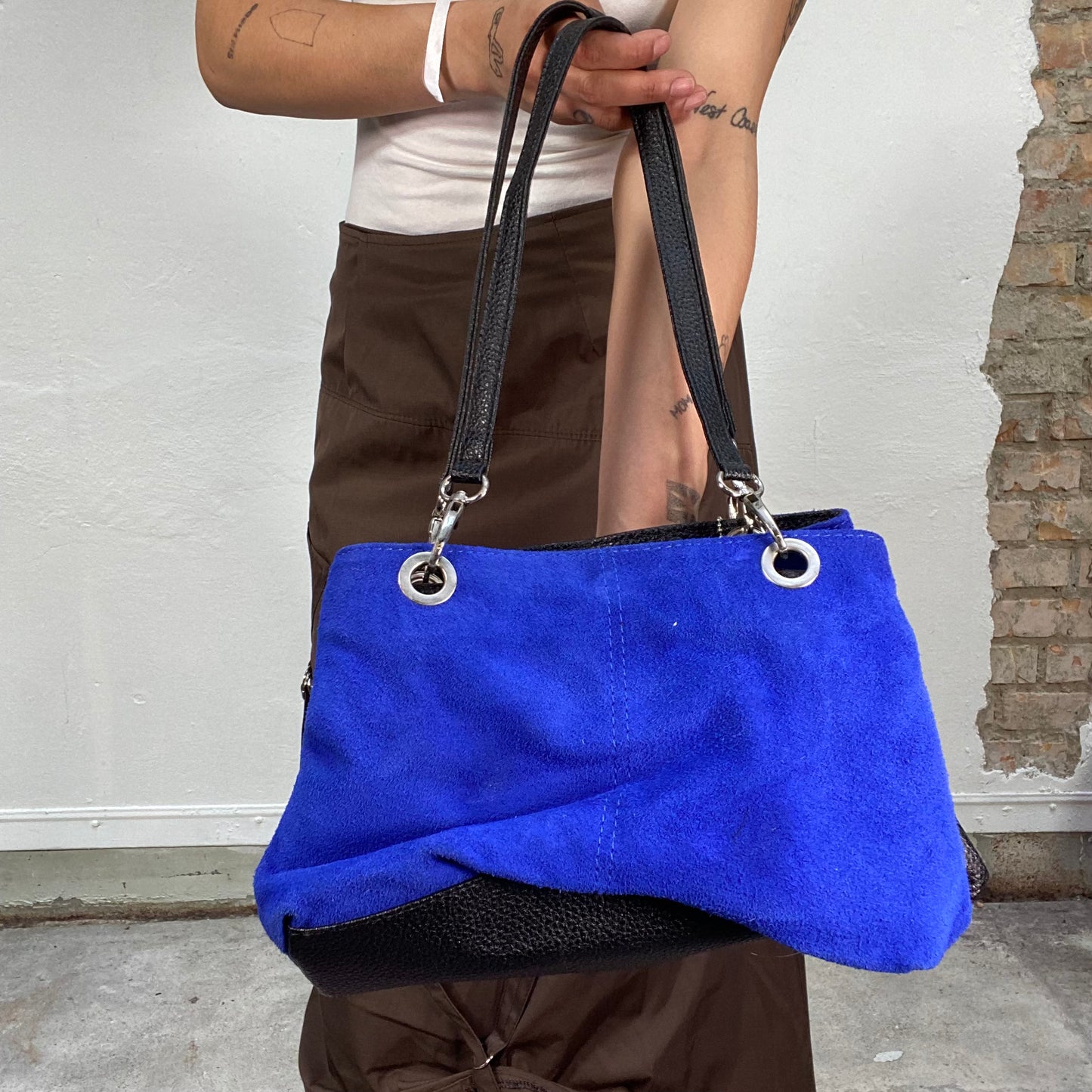 Vintage 2000's Funky Electric Blue Suede Shoulder Bag with Black Leather Straps