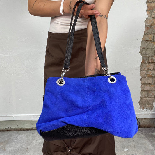 Vintage 2000's Funky Electric Blue Suede Shoulder Bag with Black Leather Straps
