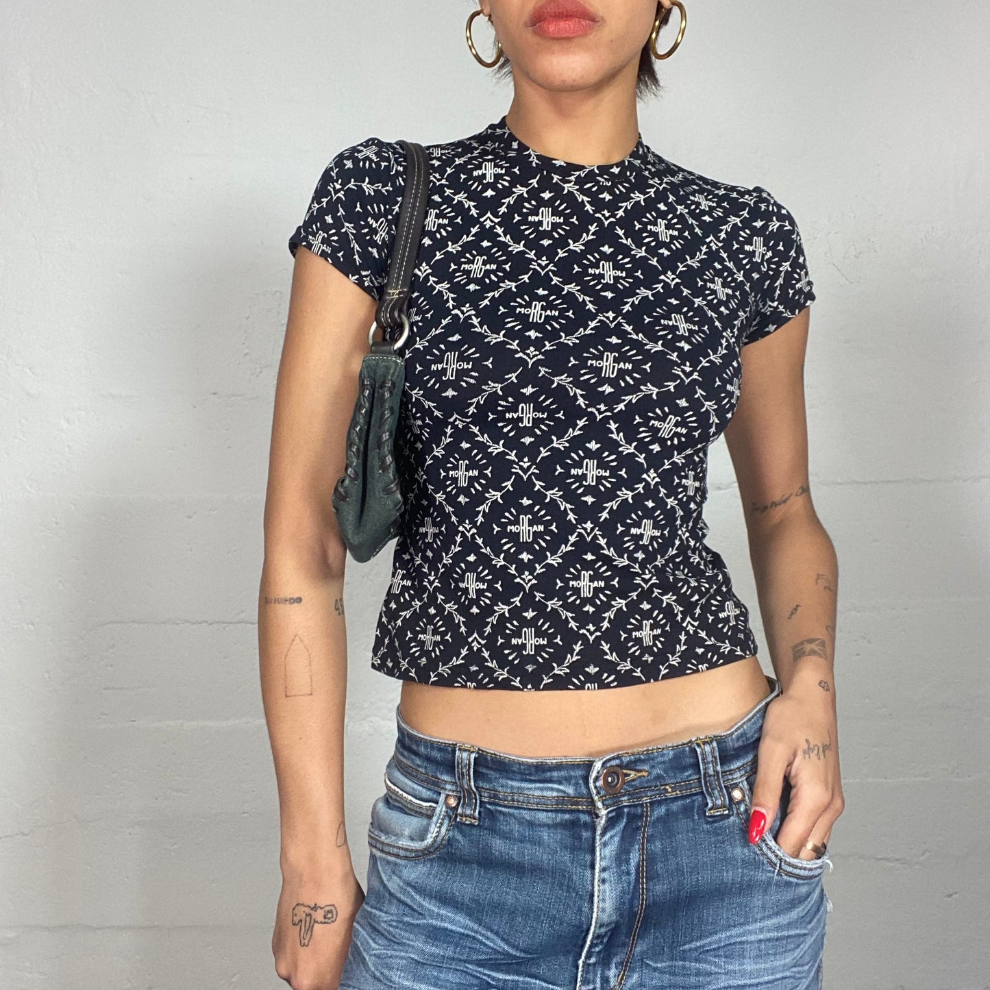 Vintage 2000's Morgan Black Top with Brand Monogram Print (S)