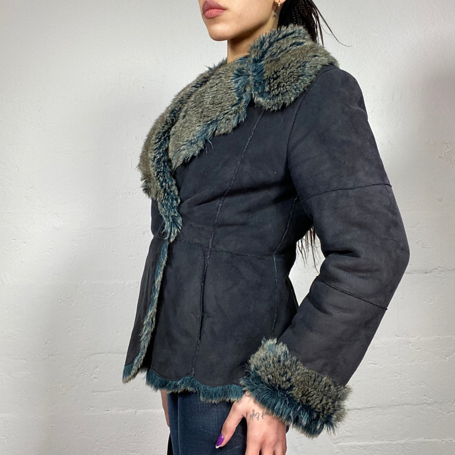 Vintage 2000's Downtown Girl Blue Short Coat with Faux Fur Trims (S)