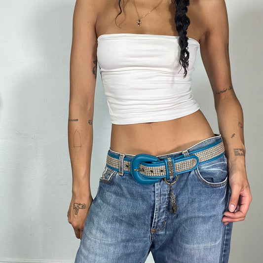 Vintage 2000's Playboy Clubwear Blue and Gold Belt with Big Buckle and Heart Pendants Detail