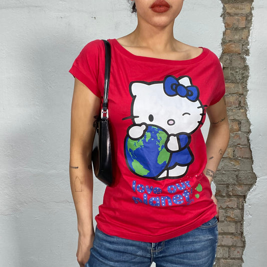 Vintage 2000's Hello Kitty Red Shirt with 'Love our Planet' Print (M)