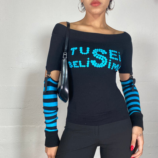 Vintage 2010's Sleaze Black and Neon Blue Longsleeve Top with Attached Sleeves and "Tu Sei Belisima" Print (S/M)