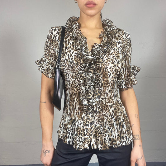 Vintage 90's The Nanny Brown Button Up Top with Cheetah Print and Frilled Collar Detail (M)