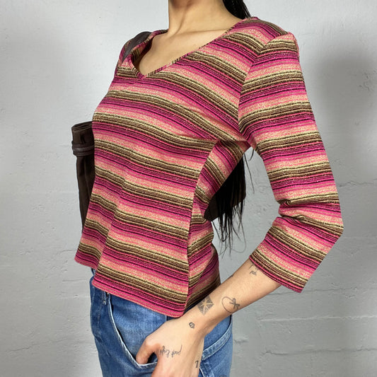 Vintage 90's Cozy Colourful Longsleeve Top with Glitter Stripes Print (M)