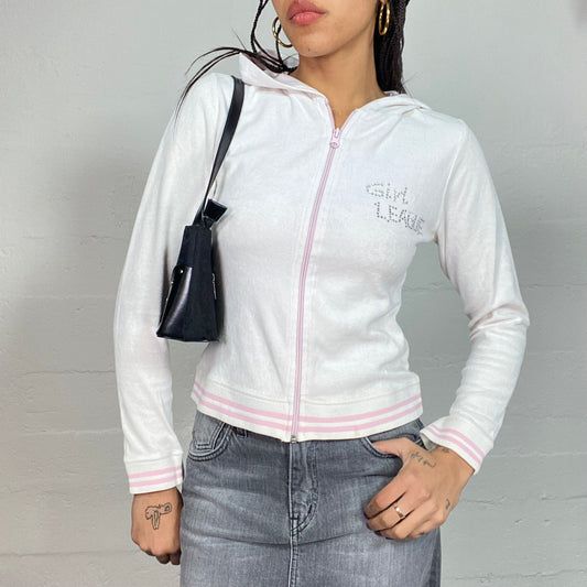 Vintage 2000's Soft Girl White Zip Up Tracking Jacket with Pink Trim and Strass "Girl League" Detail (S/M)