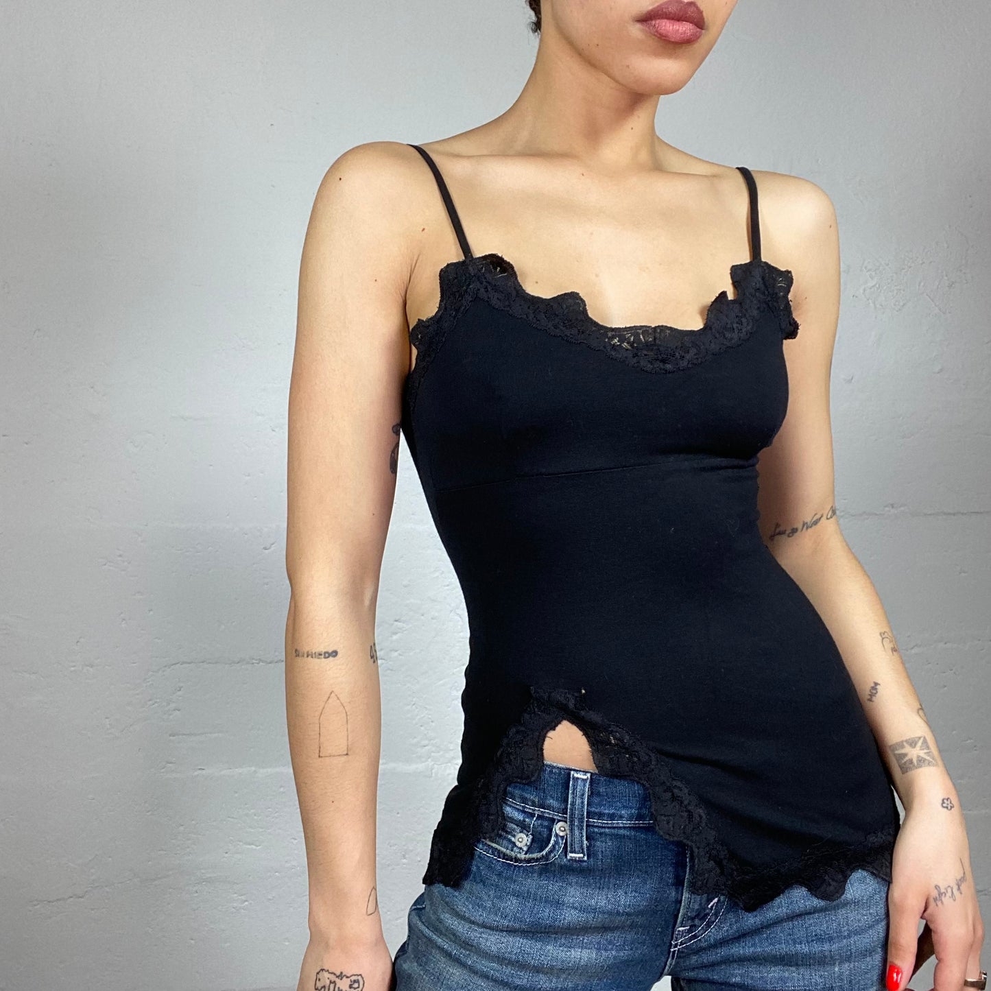 Vintage 90's Whimsigoth Black Frilled Top with Slit Detail (S/M)