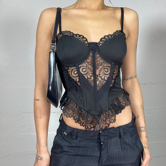 Vintage 2000's Babydoll Black Corset Top with See Through Lace Panel and Pointed Cut Detail (S)