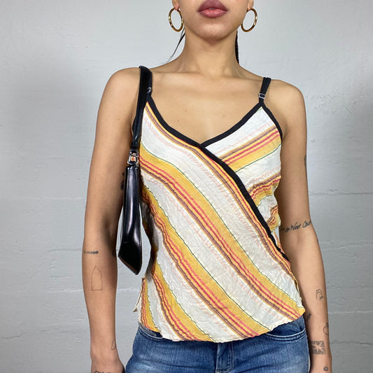 Vintage 2000's Festive Yellow Top with Multicoloured Stripes Print (M)