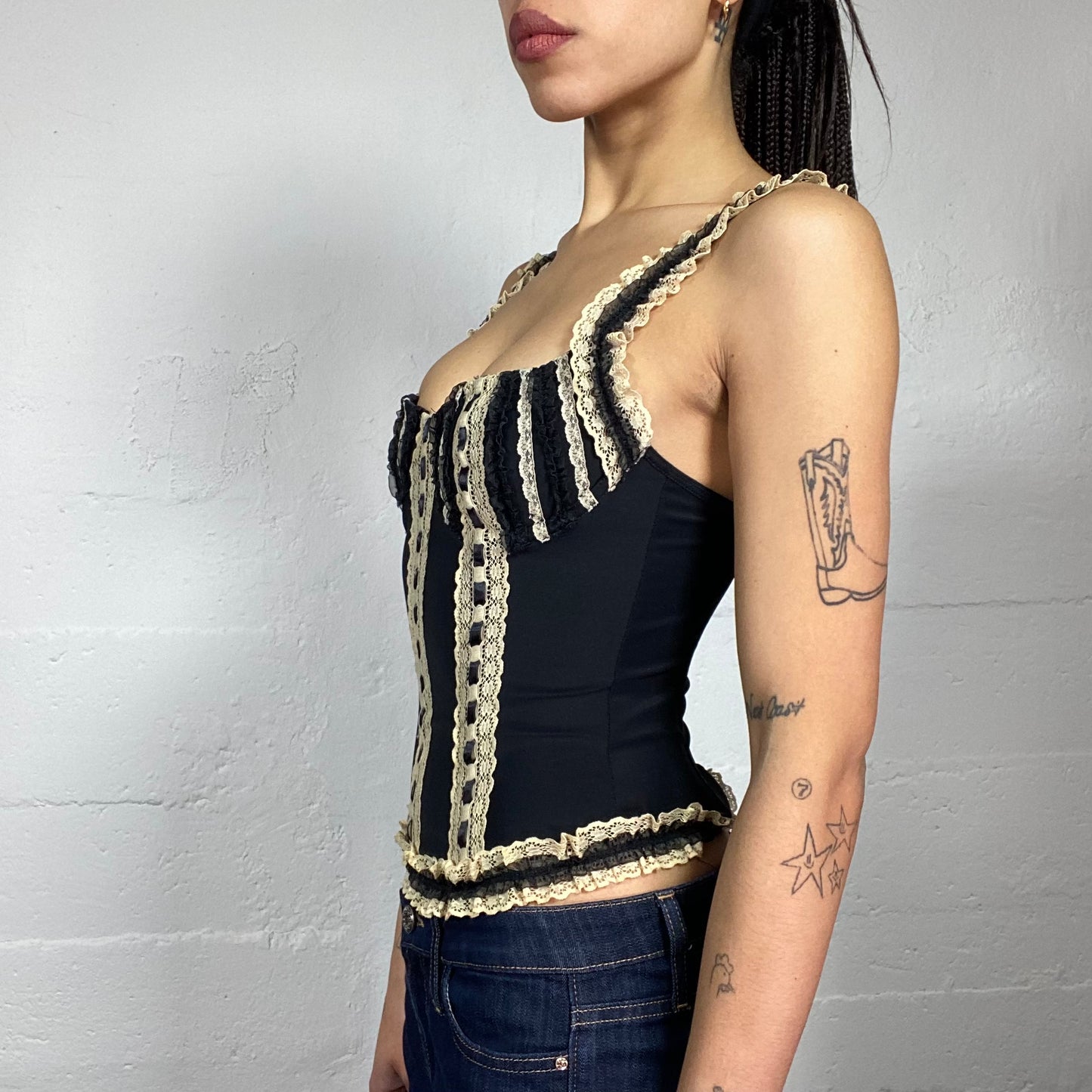 Vintage 90's Coquette Girl Black Corset Top with Off White Lace Lining Material Detail (S)