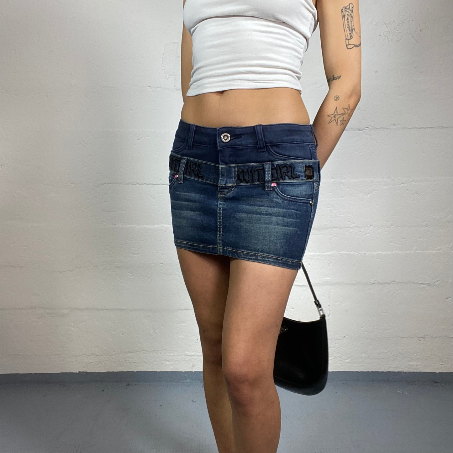 Vintage 2000's Rave Girl Dark Denim Mini Skirt with Double Part Layer Detail (S/M)