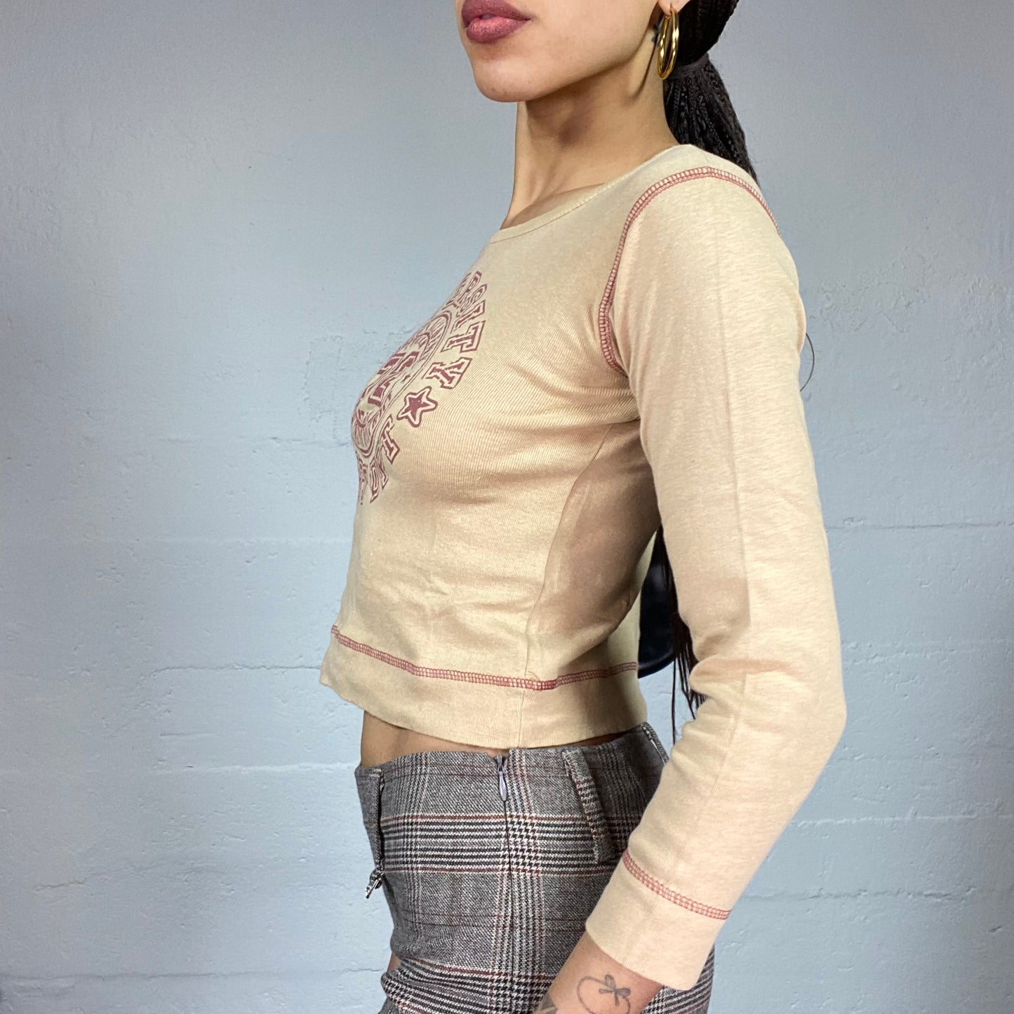 Vintage 2000's College Girl Beige Longsleeve Top with Red "Sports University" Print (S/M)