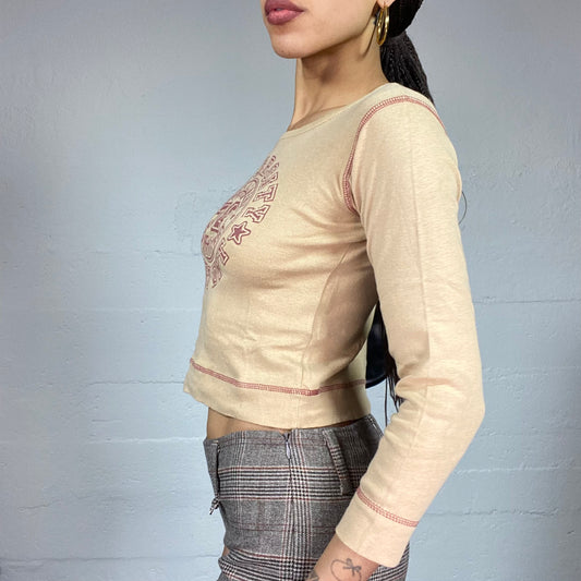 Vintage 2000's College Girl Beige Longsleeve Top with Red "Sports University" Print (S/M)