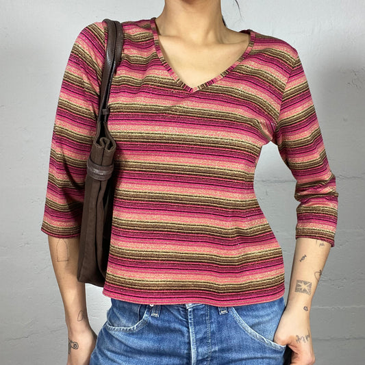 Vintage 90's Cozy Colourful Longsleeve Top with Glitter Stripes Print (M)