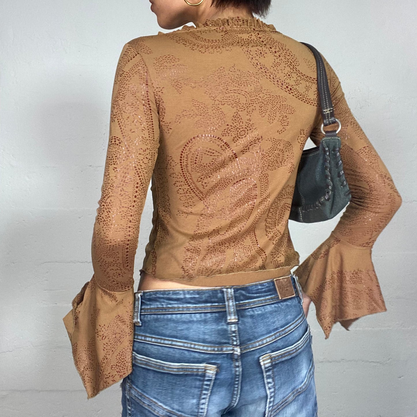 Vintage 90's Cow-Girl Brown Longsleeve Blouse with Pointillism Print (S)