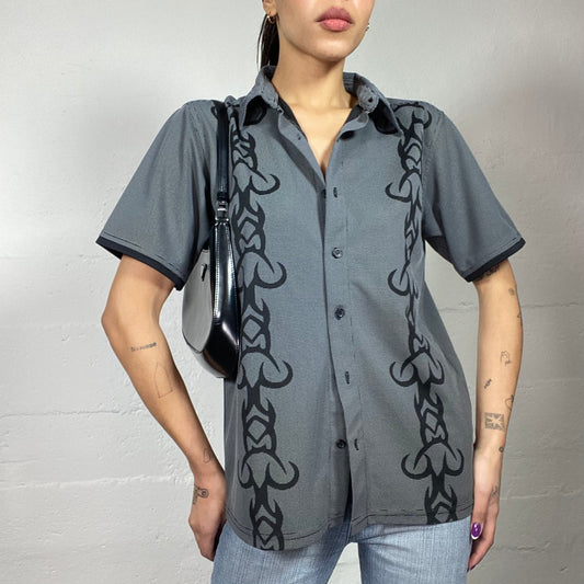 Vintage 2000's Archive Grey Button Up Shirt with Tribal Print (M)