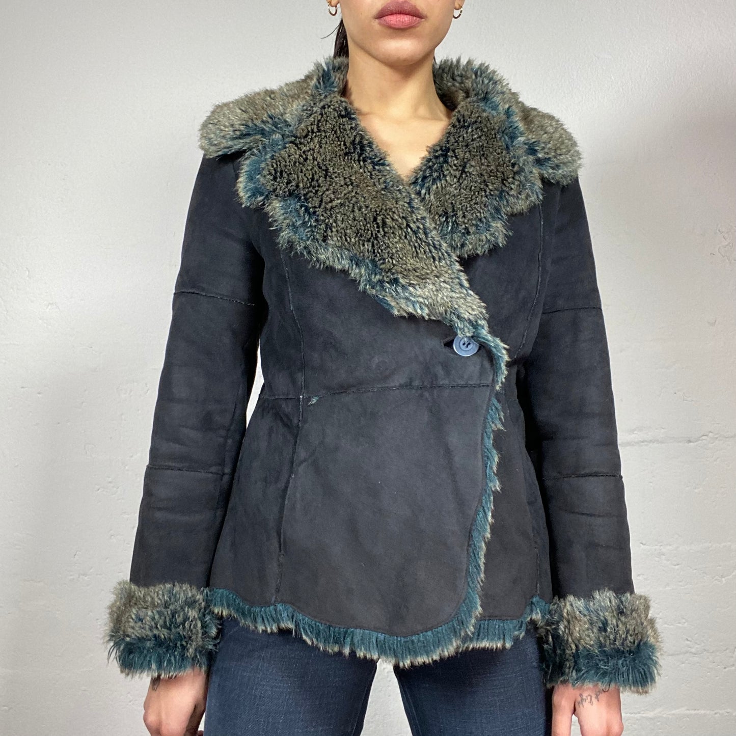 Vintage 2000's Downtown Girl Blue Short Coat with Faux Fur Trims (S)