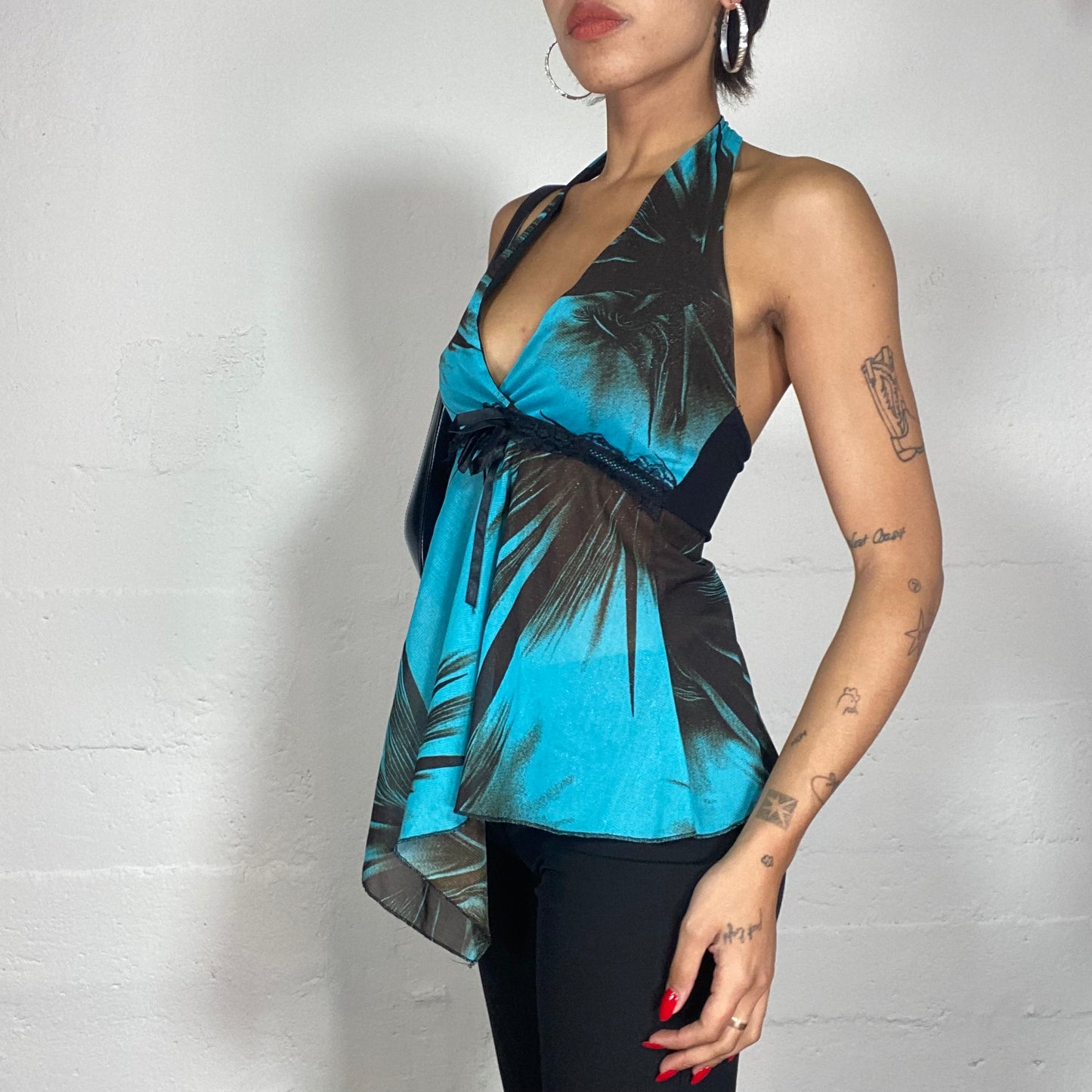 Vintage 2000's Summer Blue Neckholder Top with Black Palm Tree Print (S)