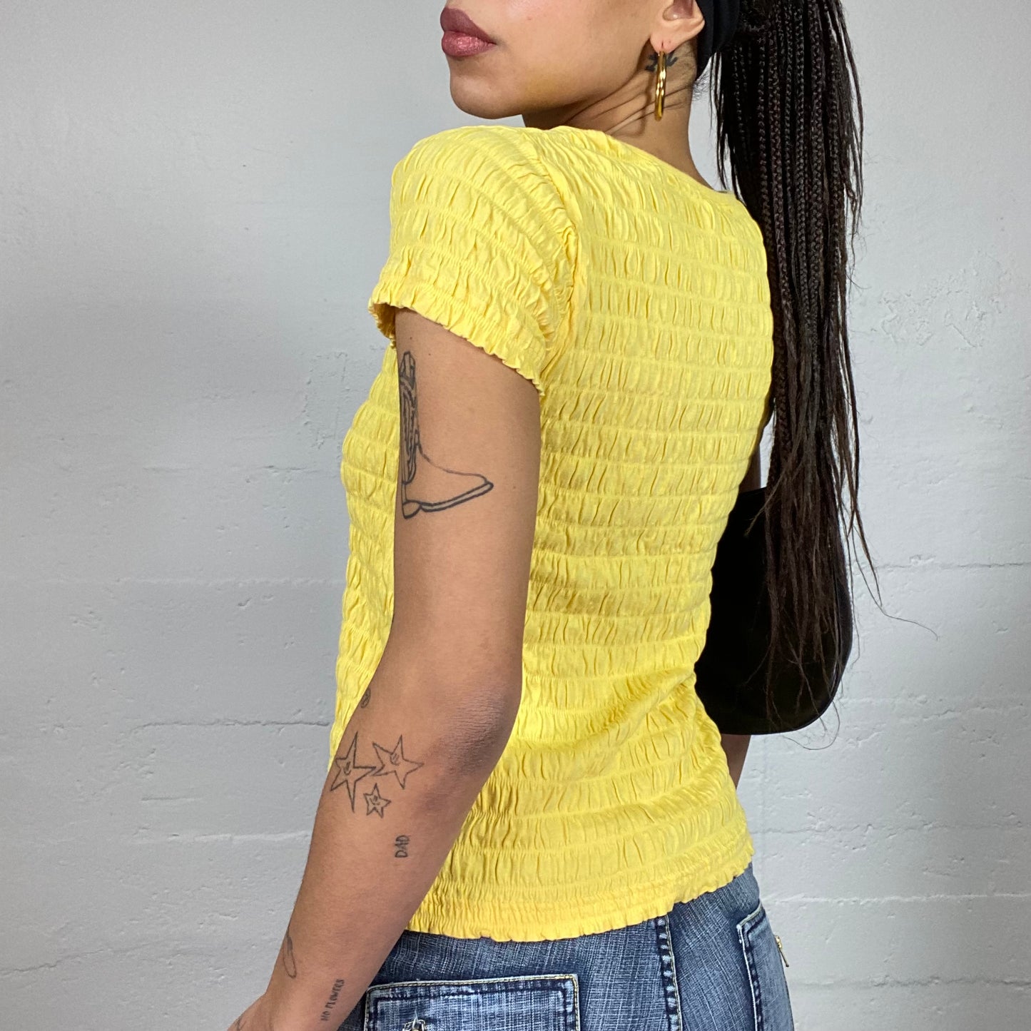 Vintage 90's Downtown Girl Yellow Top with Ruched Material (M)