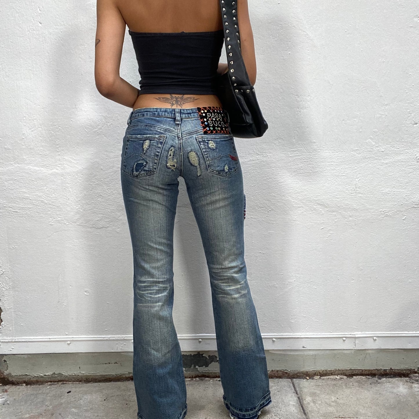 Vintage 2000's Funky Flared Jeans with Patches and Raw Bottom Hem (S)