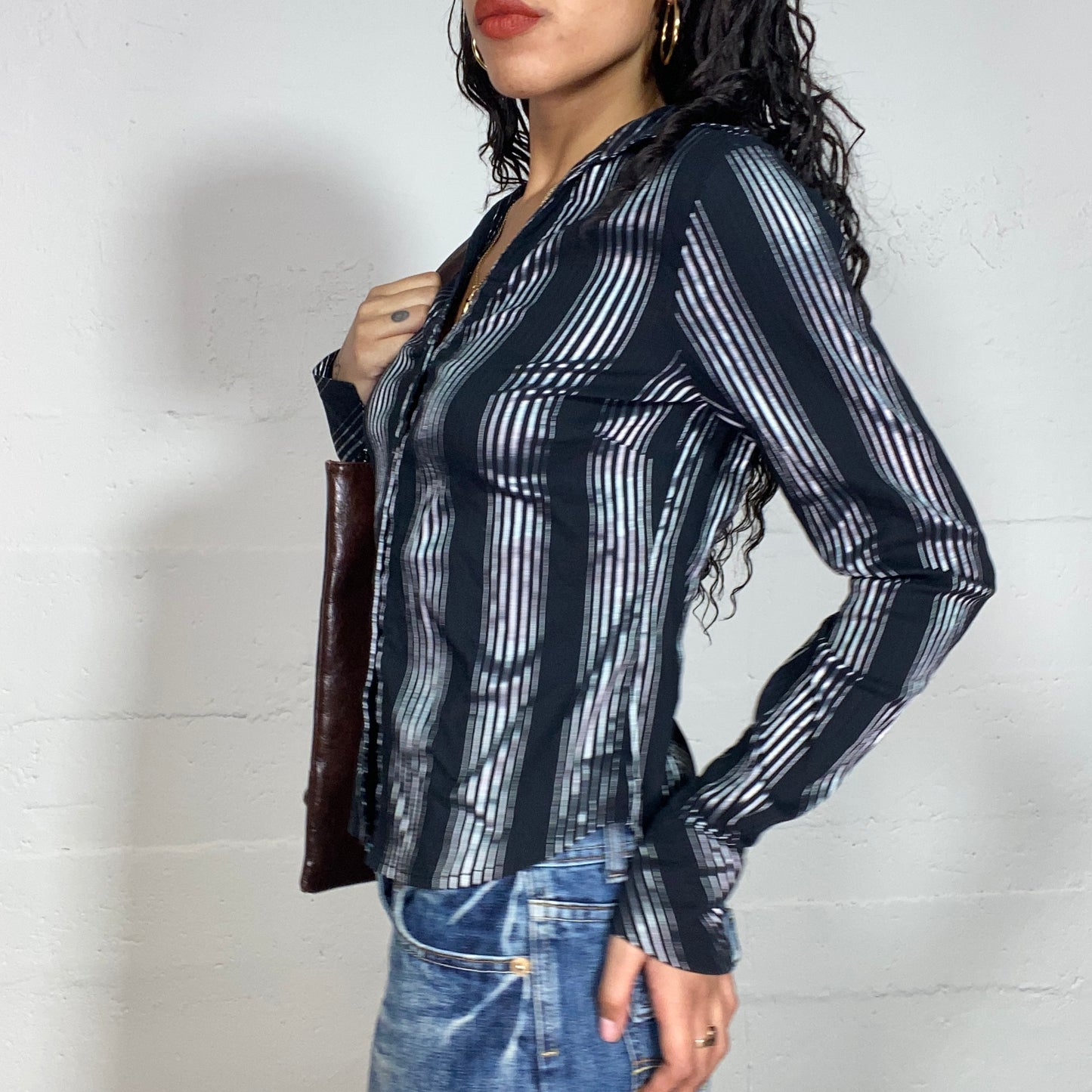 Vintage 2000's Office Girl Black Button Up Shirt with Grey Striped Print (S/M)