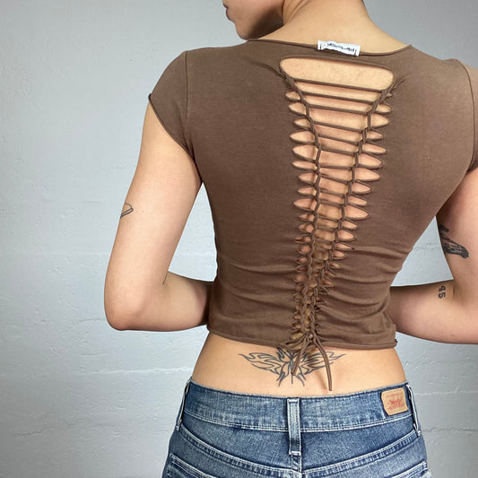 Vintage 2000's Festival Brown Open Back Top with Yellow Glitter "Artigli" Print (S)