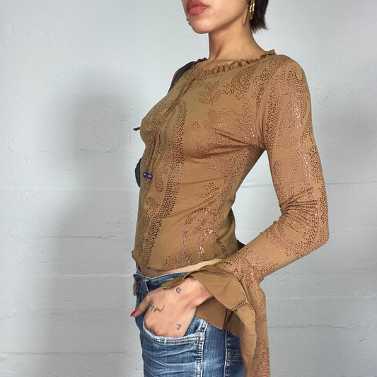 Vintage 90's Cow-Girl Brown Longsleeve Blouse with Pointillism Print (S)