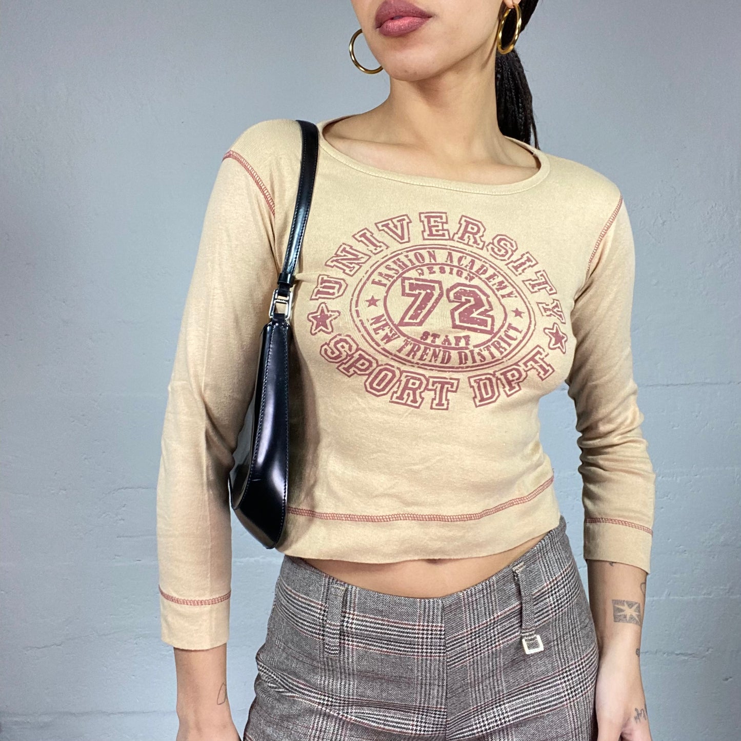 Vintage 2000's College Girl Beige Longsleeve Top with Red "Sports University" Print (S/M)
