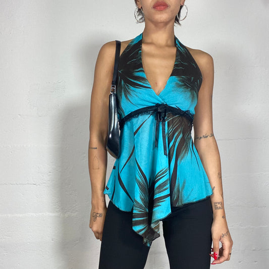 Vintage 2000's Summer Blue Neckholder Top with Black Palm Tree Print (S)