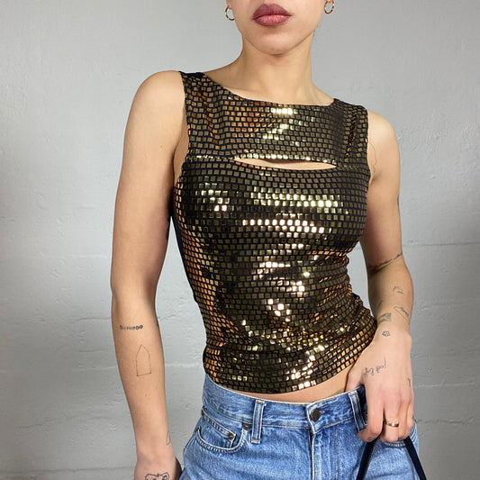 Vintage 2000's Clubwear Black Top with Golden Studs Covering Detail (S)