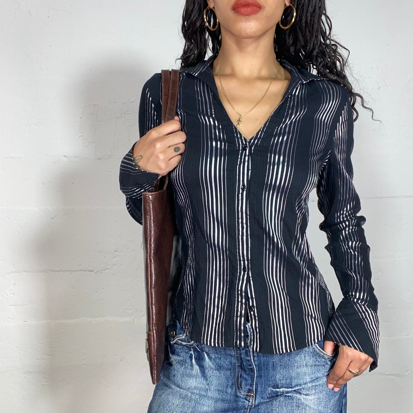 Vintage 2000's Office Girl Black Button Up Shirt with Grey Striped Print (S/M)