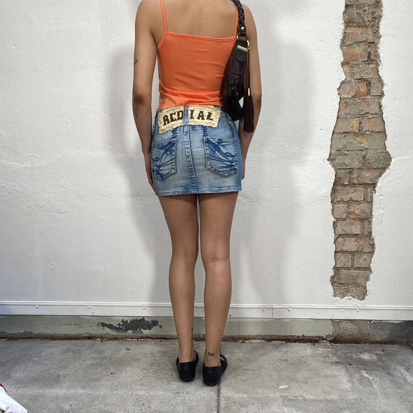 Vintage 90's Grunge Light Wash Denim Mini Skirt with 'Redial' Back Detail (S)