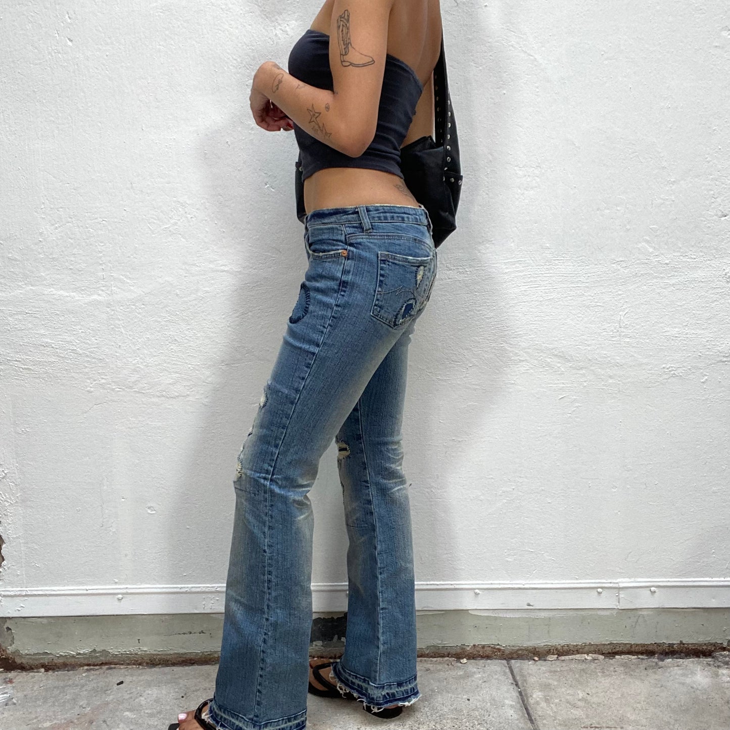 Vintage 2000's Funky Flared Jeans with Patches and Raw Bottom Hem (S)